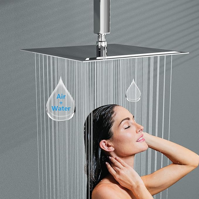 Lordear 12 Inch Square Shower Head Polish Chrome Solid Ultra Thin 304 Stainless Steel Rain Setting Shower Heads,Waterfall Full Body Coverage with 144 Silicone Nozzles