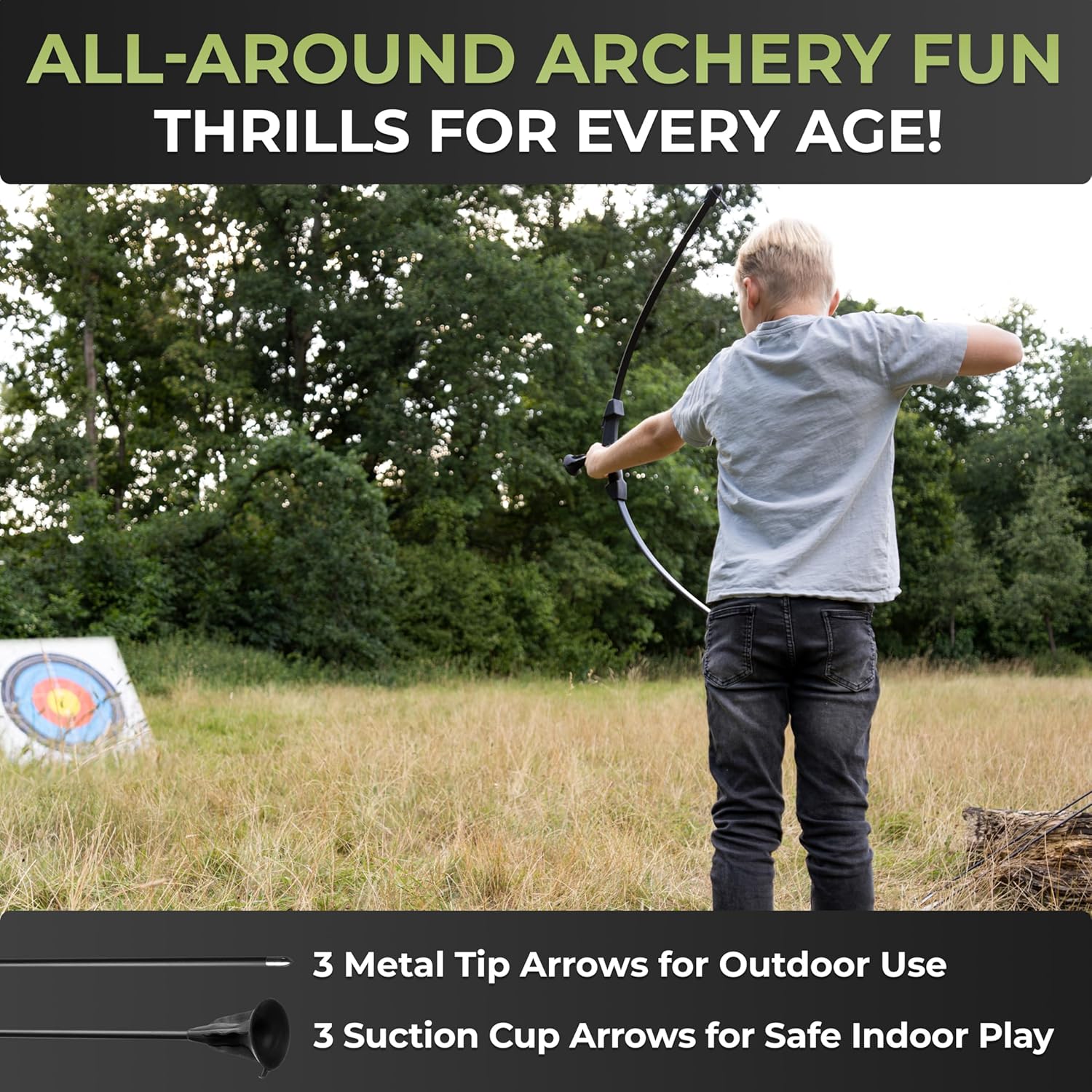 BOWRILLA® Bow and Arrow for Kids | Beginners Archery Set with 6 Arrows, Ideal for Kids & Teens 8 to 15 Years | 3-Piece Take-Down Recurve Youth Bow and Arrow Set, Perfect for Left & Right Handers