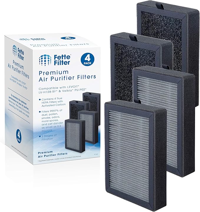 Fette Filter - LV-H128 Replacement Filter Compatible with LEVOIT LV-H128-RF/Valkia PU-P02 / PUURVSAS HM669A / ROVACS RV60 Air Purifier Models Part # LV-H128-RF 4QTY