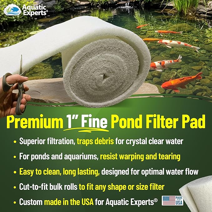 Classic Koi Pond Filter Pad FINE - White Bulk Roll Pond Filter Media, Ultra-Durable Pond Filters for Outdoor Ponds, Reusable Fish Pond Filter Material, USA (3/4" - 1" x 12" x 12 feet)