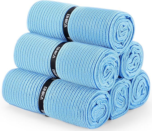 Microfiber Gym Towels with Snap Strap Closure, Ribbed Pattern Sports Towels for Yoga, Home and Outdoor Activities, 27” x 16”, 6 Pack, Light Blue-FlexoryFit