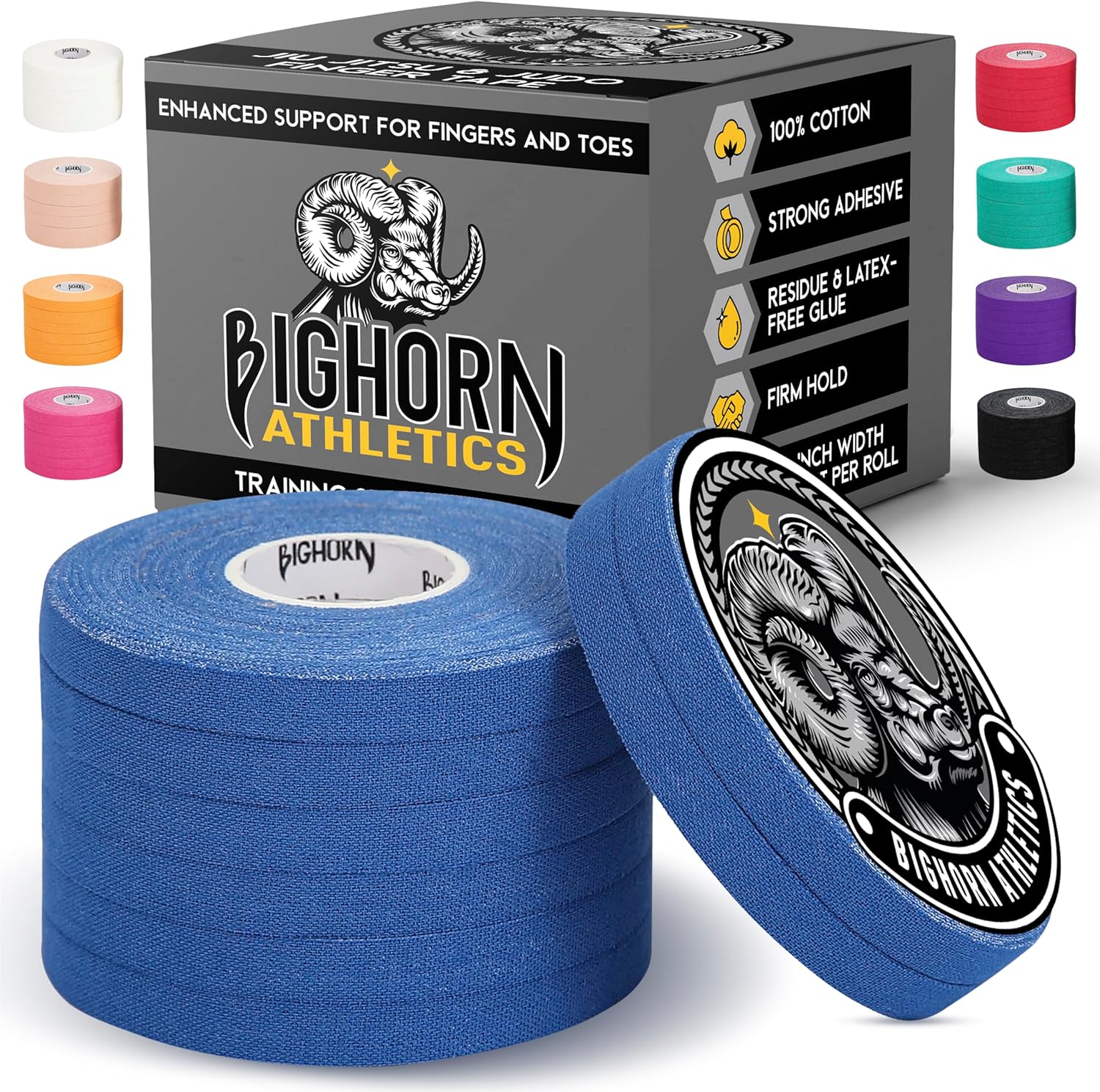 Bighorn Athletics Jiu Jitsu Finger Tape | Residue-Free Athletic Finger Tape for Sports & Injuries: Rock Climbing, Volleyball, Football, Basketball, Hands & Toes | 0.3-Inch x 45-feet, 8-Rolls, Blue