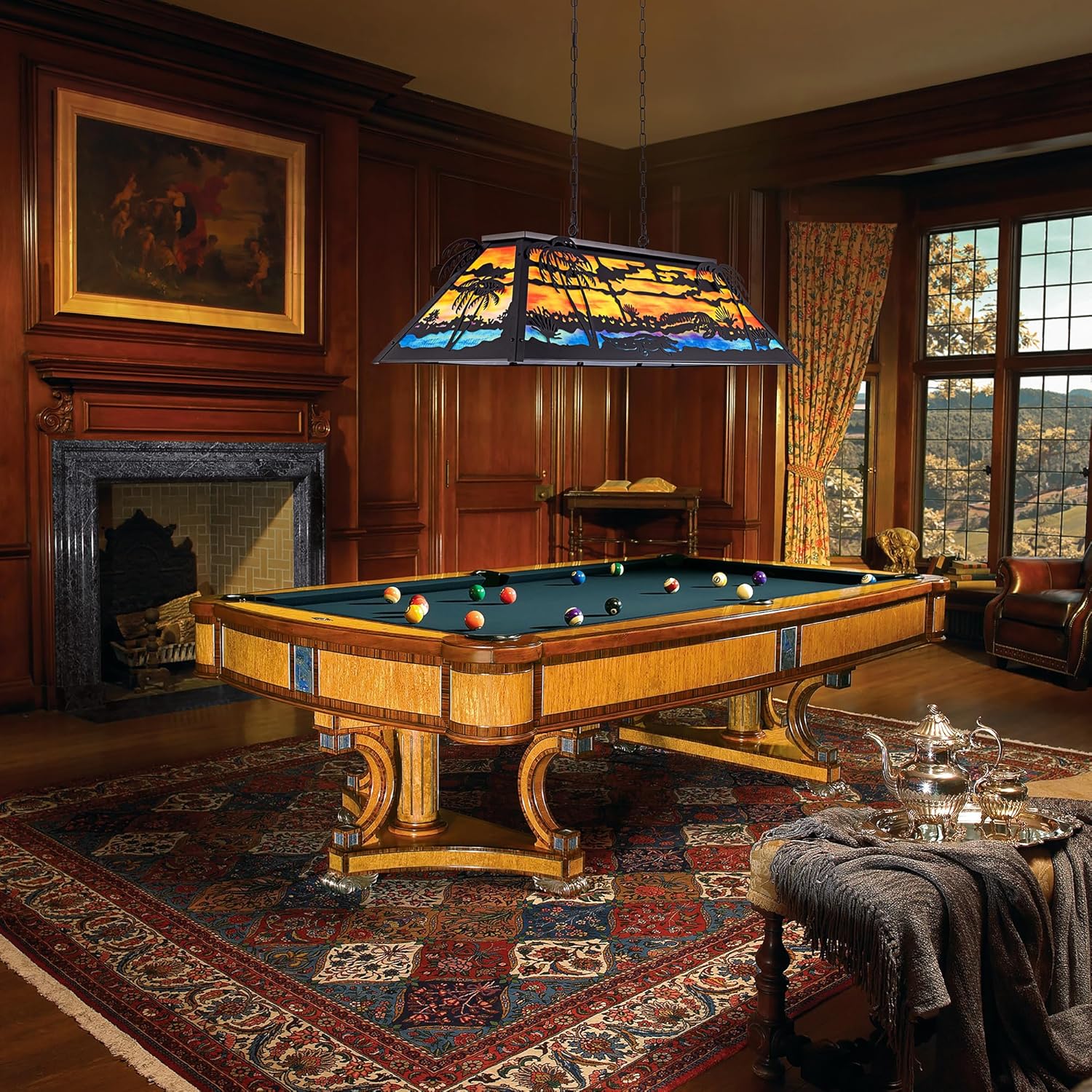 TOCHIC 48” Vintage Pool Table Light, 6-Light Farmhouse Dining Room Chandelier, Billiards Light Fixture with Tiffany-Style for Game Room Kitchen Island Chandelier Man Cave Club Bar