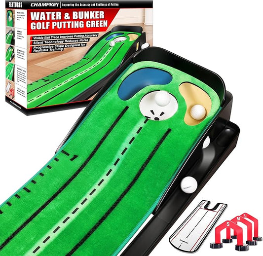CHAMPKEY Professional Hazard Golf Putting Green Come with Golf Putting Gates and Putting Mirror - Progressive Slope Tech and Noise Reduction Tech Golf Putting Mat