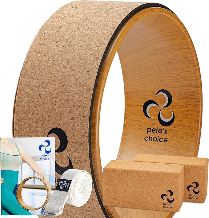 Deluxe Cork Yoga Wheel Set - Cork Wheel + 2 Blocks + Strap + Exercise Guide. Extra Firm Bricks. Better Support, Natural and Eco-Friendly. Home Exercise Kit. Ideal for Women Yogis.-FlexoryFit