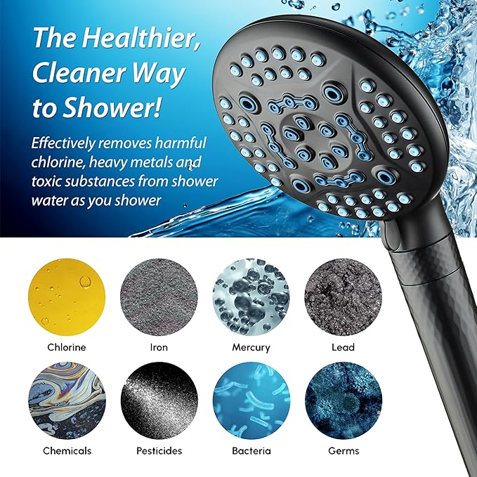 AquaCare 4X High Pressure 10-mode Filter Handheld Shower Head with Dual Power Wash - Clean Tub, Tile & Pets, Remove Chlorine, Metals & Toxins from Water to Protect Skin, Hair & Nails. Matte Black