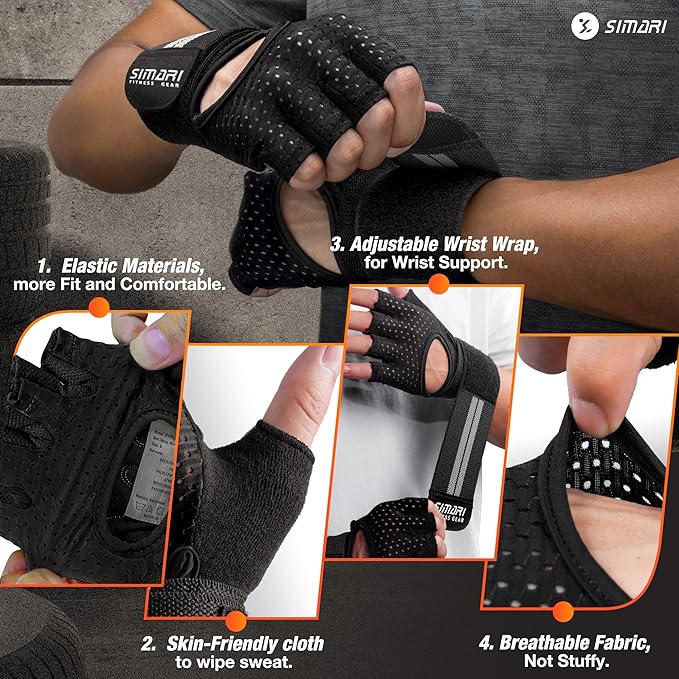 SIMARI Breathable Workout Gloves for Men Women, Padded Weight Lifting Gloves with Wrist Wraps Support, Full Palm Protection, Grip for Gym Training, Fitness, Weightlifting, Exercise Fingerless Black-FlexoryFit