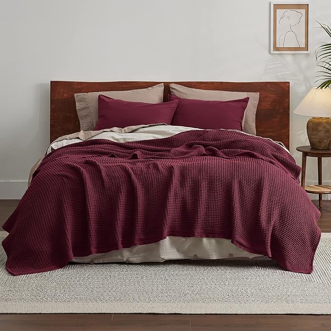 Bedsure 100% Cotton Blanket Queen Size for Bed - Breathable and Soft, Waffle Weave Blanket for Summer, Thick Cozy Fall Blankets for Women Gift, Red, 90x90 Inches