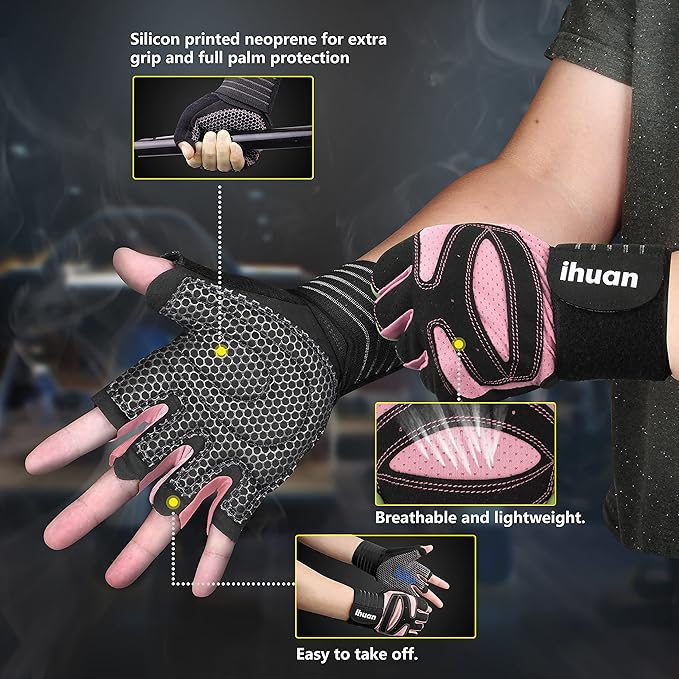 ihuan Ventilated Weight Lifting Gym Workout Gloves with Wrist Wrap Support for Men & Women, Full Palm Protection, for Weightlifting, Training, Fitness, Hanging, Pull ups-FlexoryFit