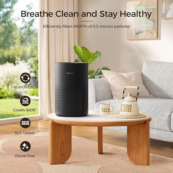 Purivortex Air Purifiers for Bedroom, Quiet Air Purifier with HEPA Filter for Pollen, Smoke, Dust, Pet Dander, Odor, Hair, Ozone Free, Covers Up to 880 Sq Ft, AC400 Black