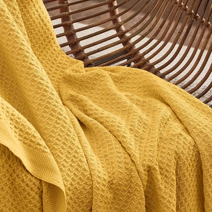 Bedsure 100% Cotton Blanket Queen Size for Bed - Breathable and Soft, Waffle Weave Blanket for Summer, Thick Cozy Fall Blankets for Women Gift, Mustard Yellow, 90x90 Inches