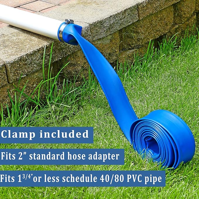 Pool Backwash Hose 2 inch × 25 ft Thicken Blue Water Discharge Pipe Lay Flat Tubing Hose for Backwash Pool Filter, Drain Pool Pond Water (2in-25ft Vinyl Tubing)