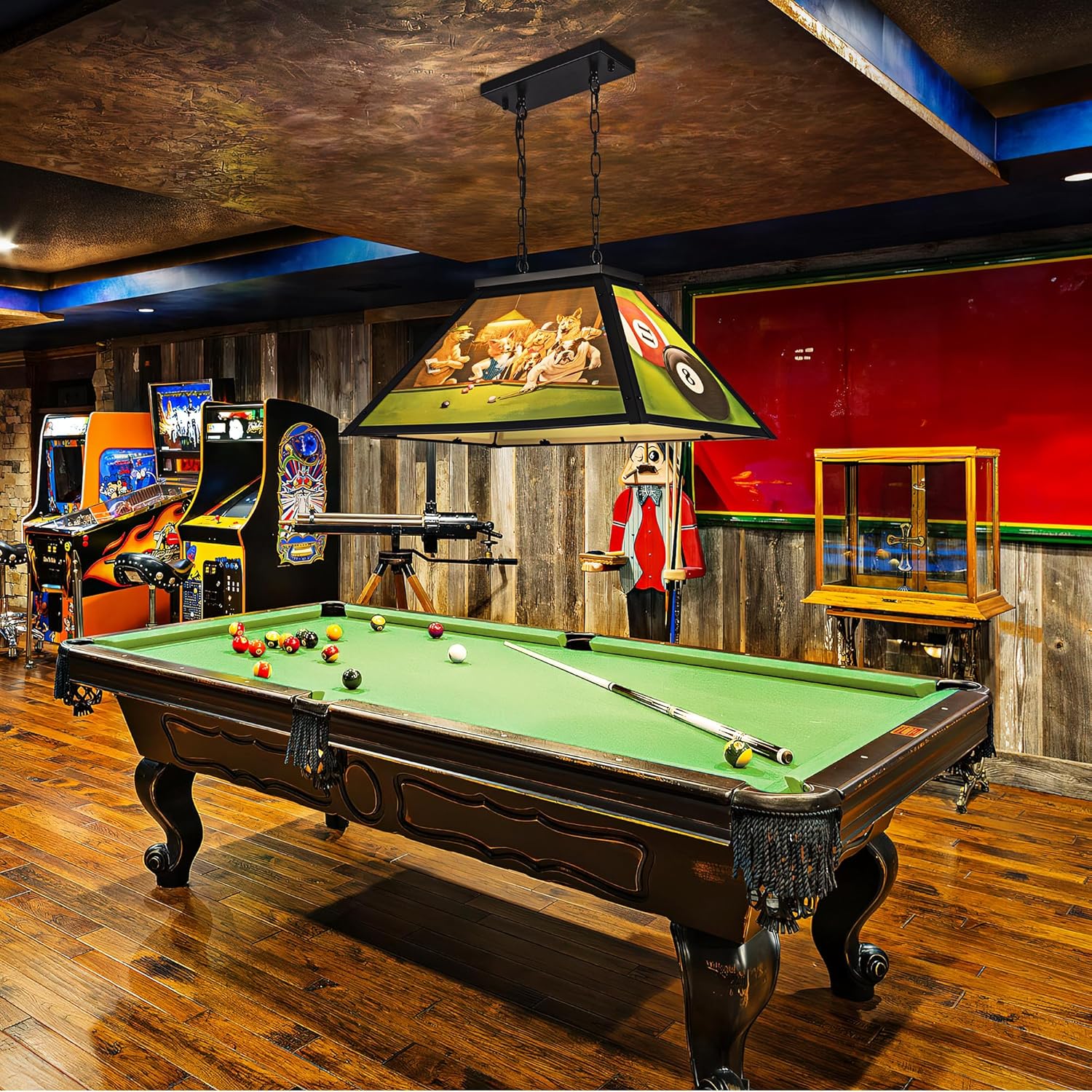 Wellmet Tiffany Pool Table Light, Dogs Playing Billiards Lights for 7' 8' Pool Table, 2 Lights Billiard Fixture Hanging Pendant Lamp for Snooker Table, Cabin, Game Room, Men's Cave, Dining Room