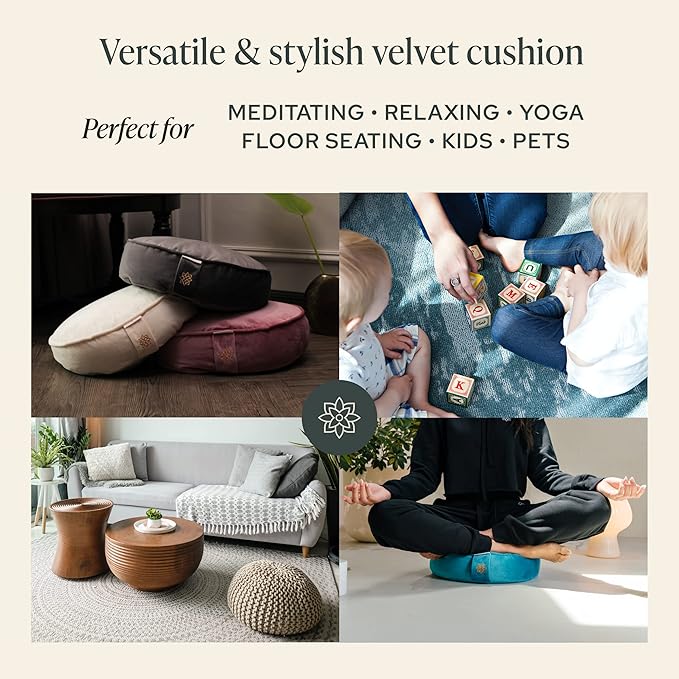 Mindful & Modern Velvet Meditation Cushion | Luxe Zafu Yoga Floor Pillow Seat | Posture Support | Buckwheat Hull Filled | Large Round Cushion with Removable Washable Cover + Carry Handle | Color Teal-FlexoryFit