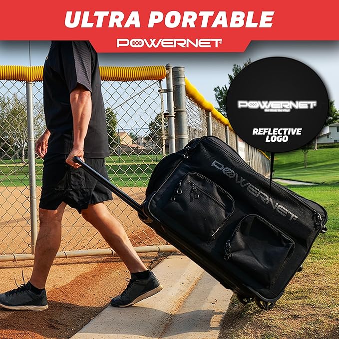 PowerNet Rolling Bucket Bag, Holds 2 6-Gallon Bucket of Baseballs & Softballs, Storage Pockets for Baseball Bat, Gloves & Scoreboards, Fits Launch F-lite Pitching Machine & Balls-FlexoryFit