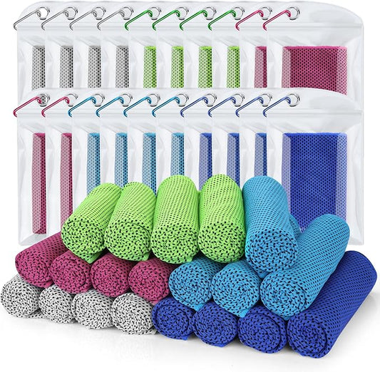 Biange Cooling Towel (Pack of 20, 40"x12") with Pouches for Sports, Workout, Fitness, Gym, Yoga, Golf, Pilates, Travel, Camping & More-FlexoryFit