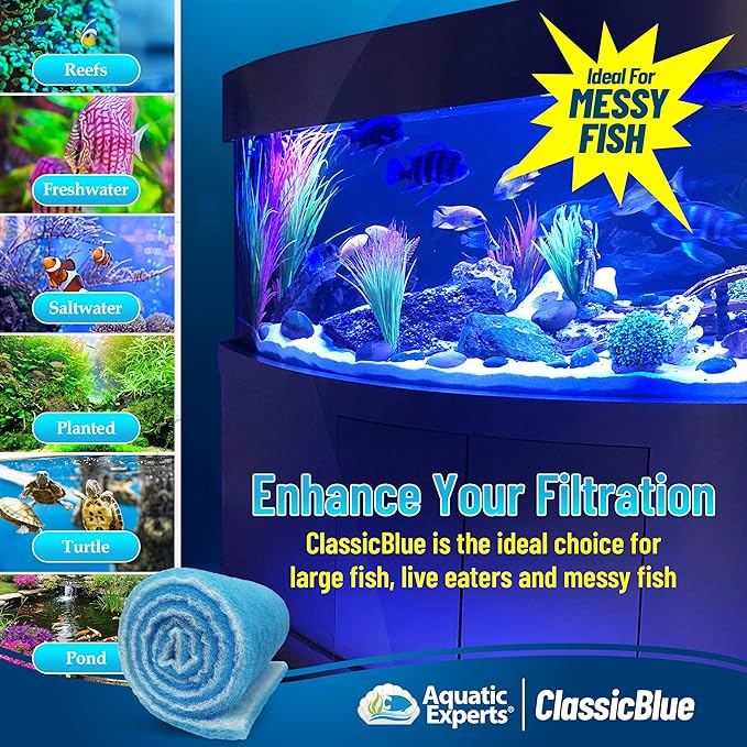 Aquatic Experts Classic Bonded Aquarium Filter Pad -24 Inches by 12 Feet by .75 Inch - Blue and White Aquarium Filter Media Roll Bulk Can Be Cut to Fit Most Filters, Made in USA (24" x 12 Feet)