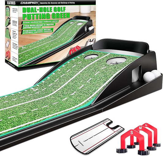 CHAMPKEY Dual-Hole Golf Putting Green Indoor with 3 Golf Putting Gates - Improves Putting Accuracy and Skill Levels Golf Putting Mat - Ideal for Indoor and Outdoor Training