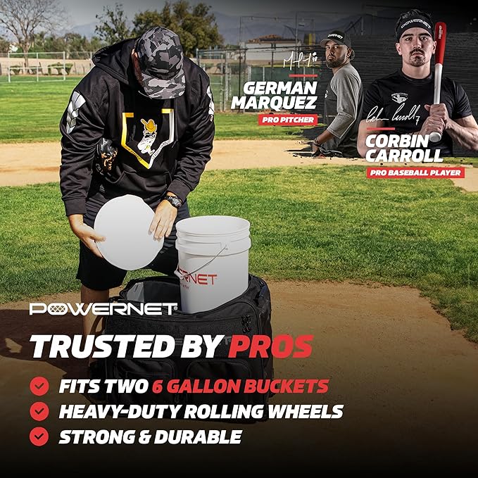 PowerNet Rolling Bucket Bag, Holds 2 6-Gallon Bucket of Baseballs & Softballs, Storage Pockets for Baseball Bat, Gloves & Scoreboards, Fits Launch F-lite Pitching Machine & Balls-FlexoryFit