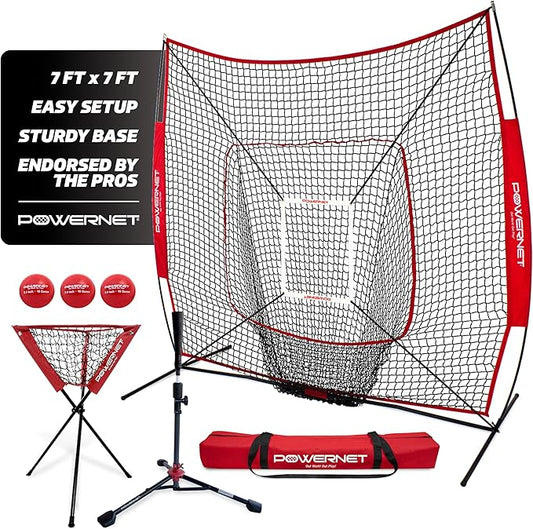 PowerNet Baseball Softball Practice Net 7x7 with Baseball Accessories for Practice Pitching, Batting & Fielding, Ball Caddy, Weighted Baseballs, Tee