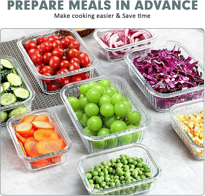 10 Packs Glass Food Storage Containers Set, Glass Meal Prep Containers with Lids, Airtight Lunch Containers, Microwave, Oven, Freezer and Dishwasher Safe, White-FlexoryFit