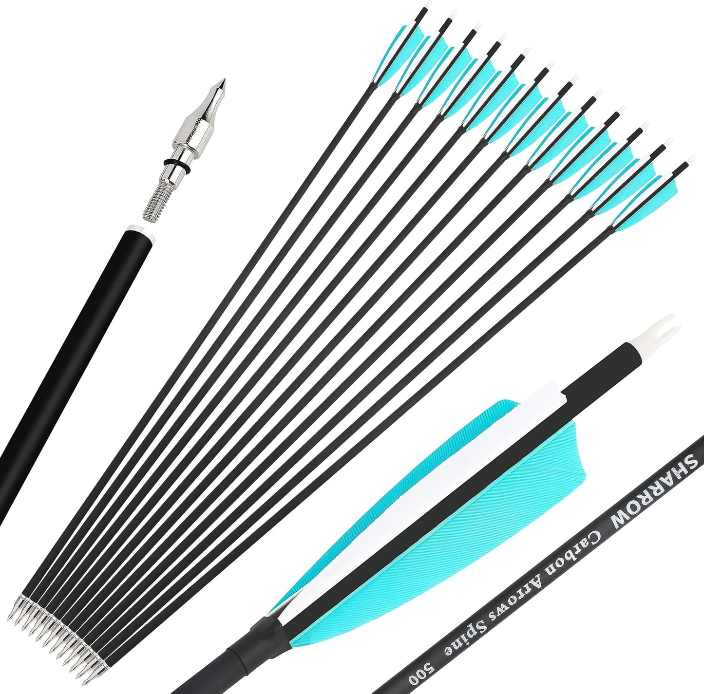 ZSHJGJR 30 Inch Archery Carbon Arrows Hunting Arrows with 4” Turkey Feather Target Practice Arrows Spine 500 for Compound & Recurve &Traditional Bow 6/12pcs