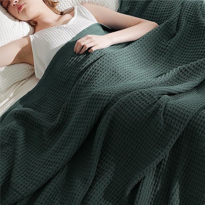 Bedsure 100% Cotton Blanket Twin XL Size for College Dorm - Breathable and Soft, Waffle Weave Twin Blanket for Summer, Dorm Room Essentials, Dark Green, 66x90 inches