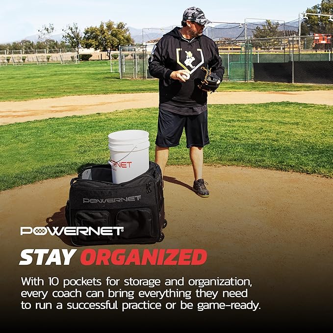 PowerNet Rolling Bucket Bag, Holds 2 6-Gallon Bucket of Baseballs & Softballs, Storage Pockets for Baseball Bat, Gloves & Scoreboards, Fits Launch F-lite Pitching Machine & Balls-FlexoryFit