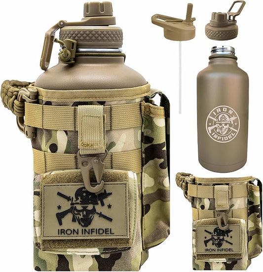 Iron Infidel Battle Bottle - Half Gallon Insulated Water Bottle with Paracord Handle - Large 64 oz Stainless Steel Water Jug & Rugged, Removable Sleeve For Keys, Wallet, Phone (OCP Camo 2 Liter)-FlexoryFit