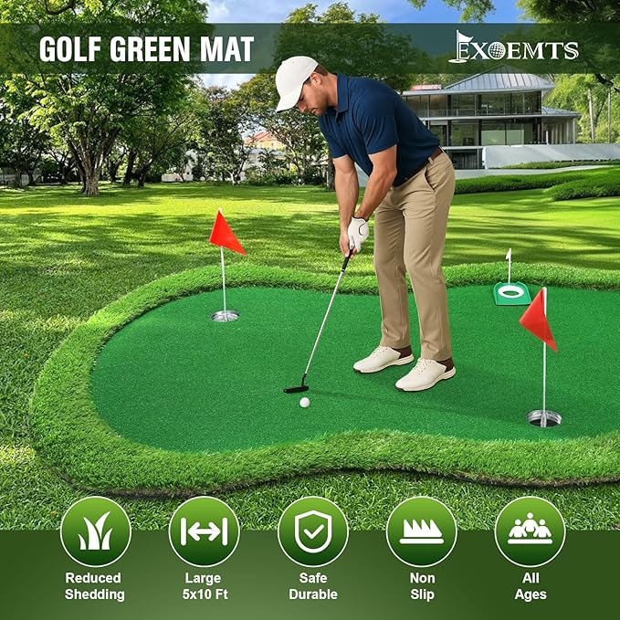 Thickened Realistic Golf Putting Green, 5 x 10ft Professional Golf Practice Training Mat for Indoor Outdoor, 3 Holes, Long Challenging Game Green Mat for Children with Training Aid Put Cup