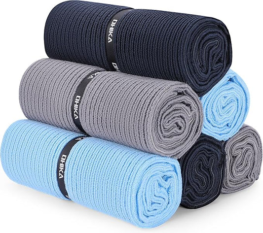 Microfiber Gym Towels with Snap Strap Closure, Ribbed Pattern Sports Towels for Yoga, Home and Outdoor Activities, 27” x 16”, 6 Pack, Black/Grey/Light Blue-FlexoryFit
