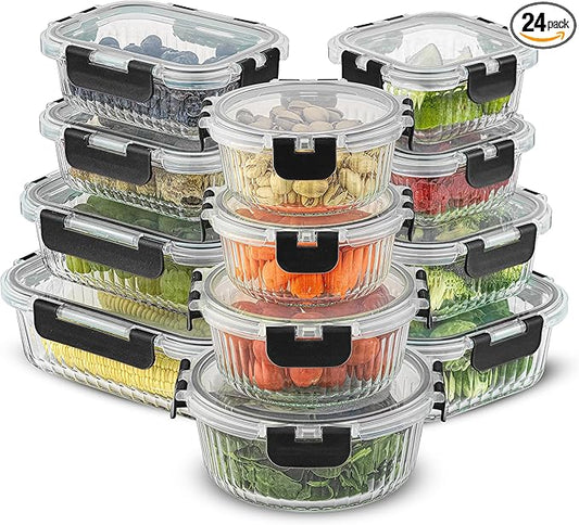 JoyJolt 24pc Borosilicate Glass Storage Containers with Lids | 12 Airtight/Freezer Safe Food Storage Containers for Pantry and Kitchen | Meal Prep Container for Lunch | Glass Tupperware Set-FlexoryFit