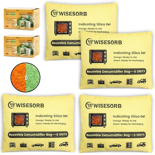 Rechargeable Gun Safe Dehumidifier, 4 Packs 8U Indicating Desiccant Packs with Transparent Window for Storage Reusable Silica Gel Packets Moisture Absorbers Safe Dehumidifier