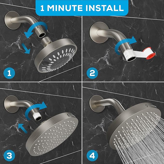 SparkPod Shower Head - High Pressure Rain - Premium Quality Luxury Design - 1-Min Install - Easy Clean Adjustable Replacement for Your Bathroom Shower Heads (Elegant Brushed Nickel, 6 Inch Round)