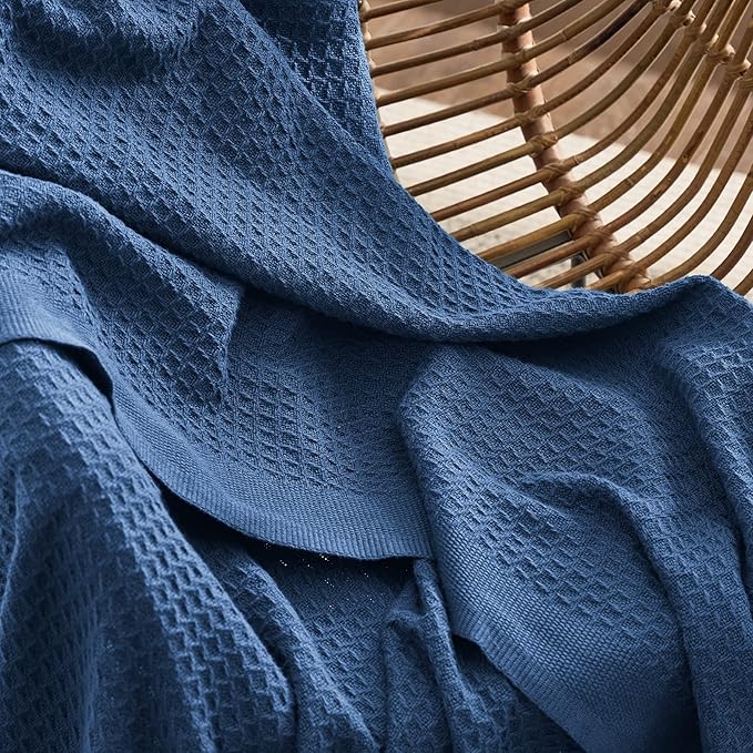 Bedsure 100% Cotton Large Throw Blanket for Couch 50x70 inches - Breathable and Soft, Waffle Weave Throw Blanket for Office, Navy