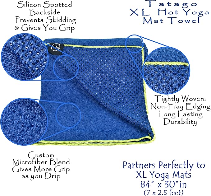 Tatago Hot Yoga Mat Towel Non Slip for Hot Yoga (72-84 inch Mats) Our Hot Yoga Towel Non Slip Silicone Dabs & Absorbent Microfiber Blend Gives You More Grip As You Drip! (Azuloro, XL - 84")-FlexoryFit