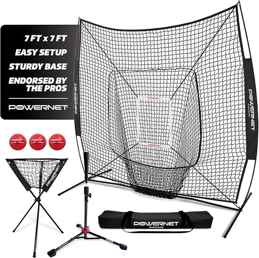 PowerNet Baseball Softball Practice Net 7x7 with Baseball Accessories for Practice Pitching, Batting & Fielding, Ball Caddy, Weighted Baseballs, Tee