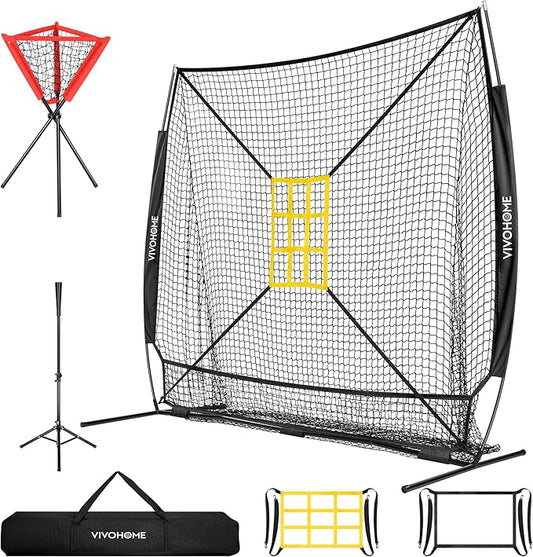 VIVOHOME Baseball Softball Hitting Net with Large Ball Collection System, 7 x 7 ft Baseball Batting Pitching Net with Tee, 2 Strike Zone, Carry Bag