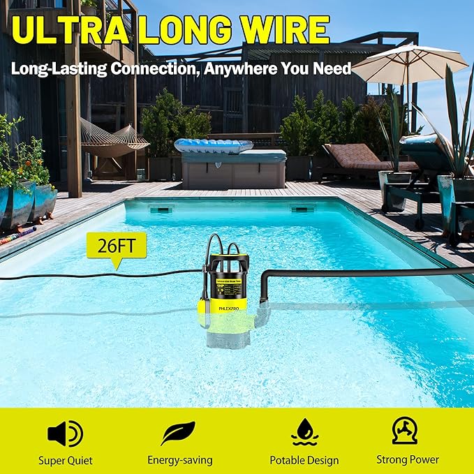 Submersible Water Pump 1HP 5300GPH High Flow Clean/Dirty Water Transfer Pump with Automatic Float Switch,26FT Long Cord,Sump Pump for Pool, Pond,Garden, Flooded Cellar, Aquarium and Irrigation