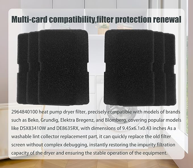 6 Pcs 2964840200 2964840100 Dryer Sponge Foam Filter Compatible with Arcelik Backhoe DSX83410W DS7512PA DE8635RX Replacement Blomberg Grundig Tumble Dryer Evaporator Foam Filter Replacement Parts
