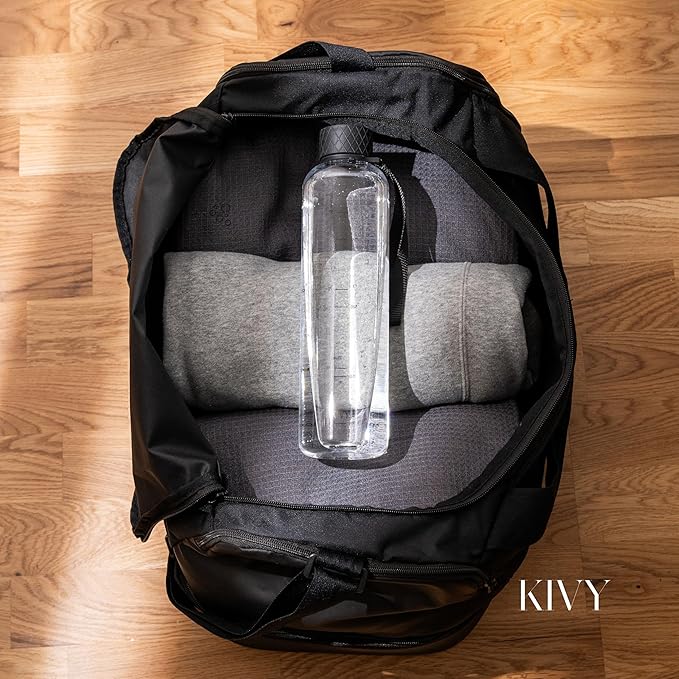 KIVY Slim Water Bottle 32oz [Lightweight & Shatterproof] Fits Backpack & Cupholder for Travel, Sports, School, Gym - Clear water bottle with measurements - Transparent Tritan Black - Dishwasher Safe-FlexoryFit