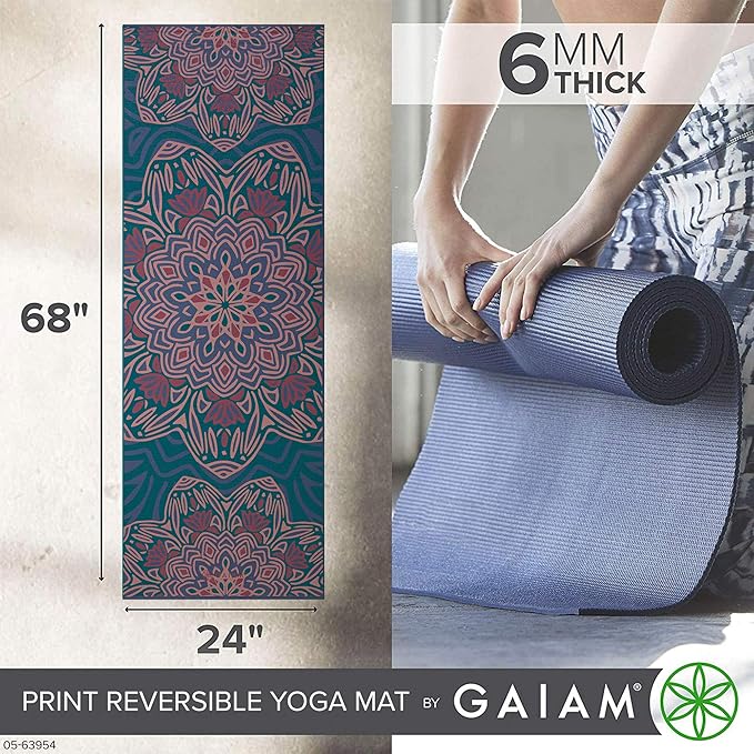 Gaiam Yoga Mat - Premium 6mm Print Reversible Extra Thick Non Slip Exercise & Fitness Mat for All Types of Yoga, Pilates & Floor Workouts (68" x 24" x 6mm Thick)-FlexoryFit