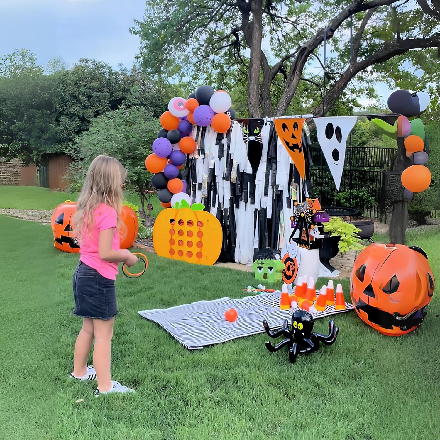 Fun Express Candy Corn and Pumpkin Bowling Set - Includes 6 Pins, 1 Ball - Great for Fall Festivals, Halloween and Other Seasonal Events - 7 Pieces