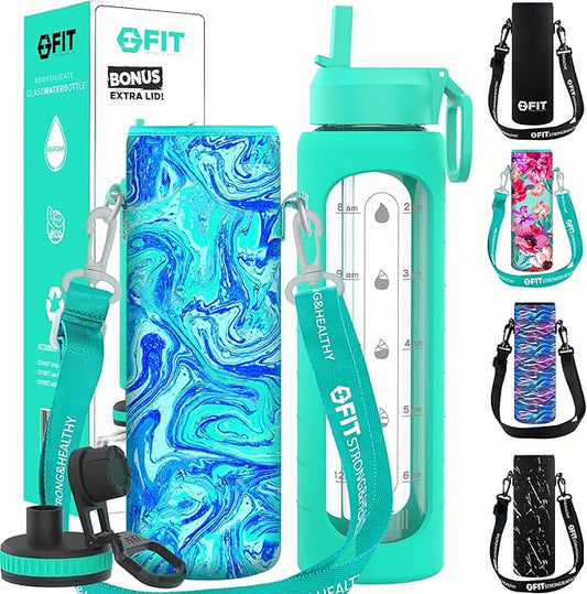 FIT Strong & Healthy 32 oz Glass Water Bottle with Straw Lid, Time Marker, Sleeve & Extra Lid - Motivational, Wide Mouth 1 Liter Glass Drinking Bottle