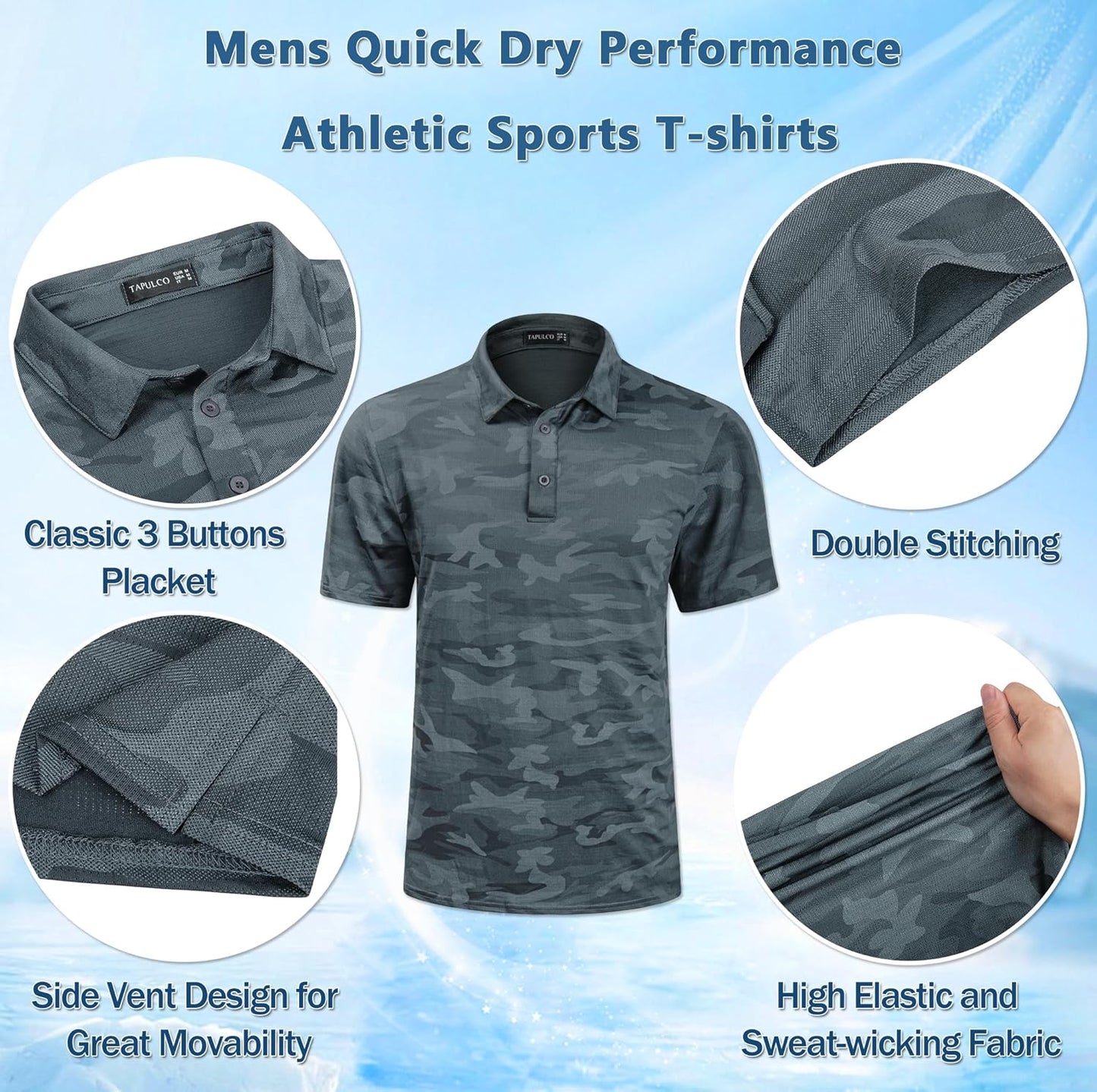 TAPULCO Mens Quick Dry Polo Shirts Camouflage Pattern Performance Athletic Lightweight Breathable Casual Golf Tshirts