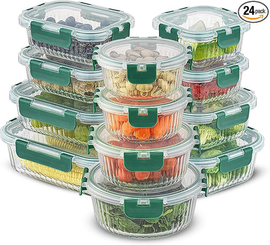 JoyJolt 24pc Borosilicate Glass Storage Containers with Lids | 12 Airtight/Freezer Safe Food Storage Containers for Pantry and Kitchen | Meal Prep Container for Lunch | Glass Tupperware Set-FlexoryFit