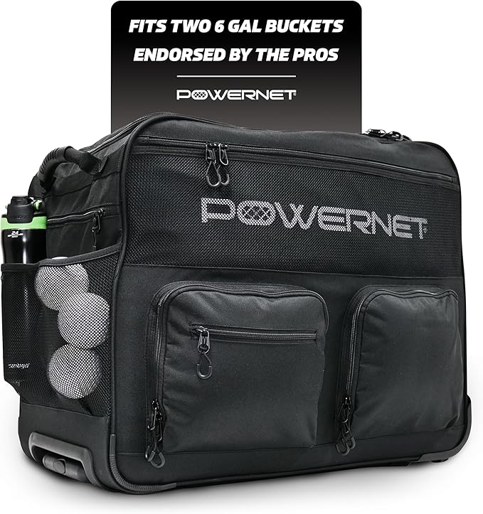 PowerNet Rolling Bucket Bag, Holds 2 6-Gallon Bucket of Baseballs & Softballs, Storage Pockets for Baseball Bat, Gloves & Scoreboards, Fits Launch F-lite Pitching Machine & Balls-FlexoryFit