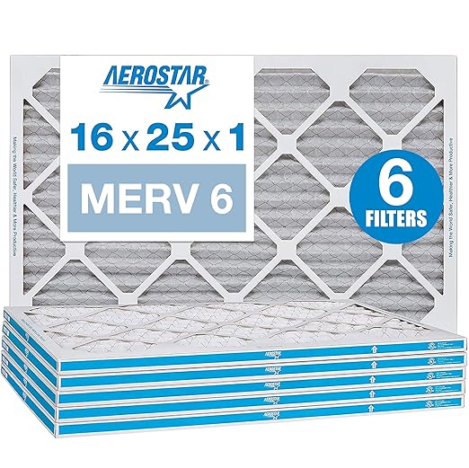 Aerostar 16x25x1 MERV 6 Pleated Air Filter, AC Furnace Air Filter, 6 Pack (Actual Size: 15 3/4"x 24 3/4" x 3/4")