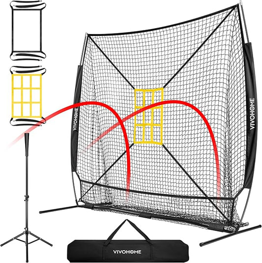 VIVOHOME Baseball Softball Hitting Net with Large Ball Collection System, 7 x 7 ft Baseball Batting Pitching Net with Tee, 2 Strike Zone, Carry Bag