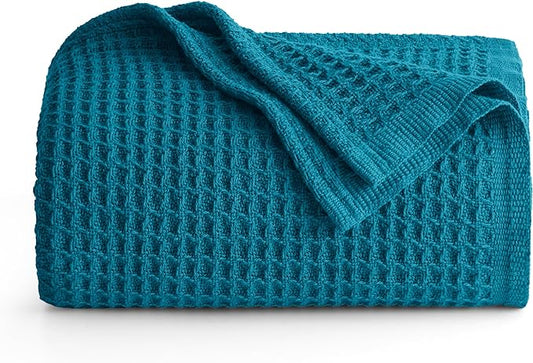 Bedsure 100% Cotton Blanket Twin XL Size for College Dorm - Breathable and Soft, Waffle Weave Twin Blanket for Summer, Dorm Room Essentials, Teal, 66x90 inches